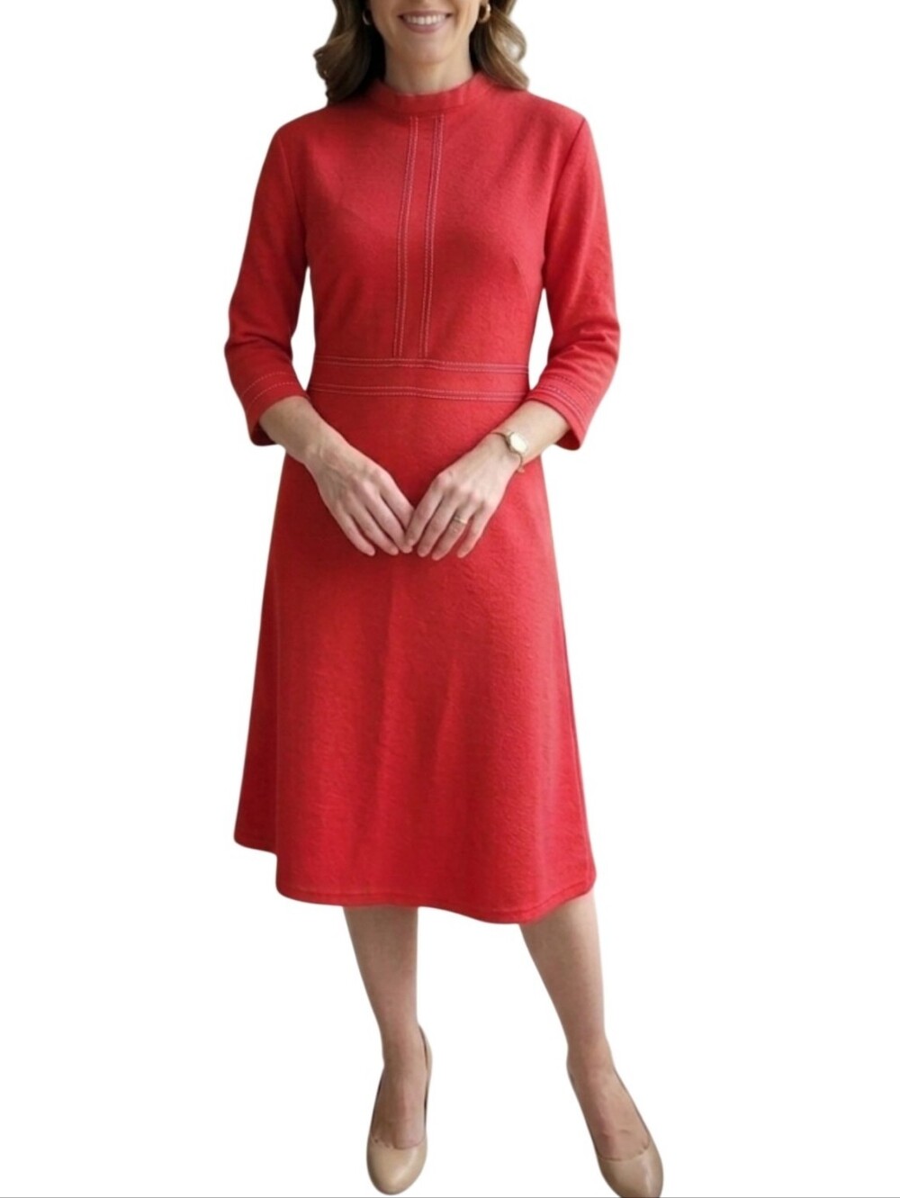 Homeyee Midi Dress Size 12 Contrast Stitching Mock Neck 3/4 Sleeve